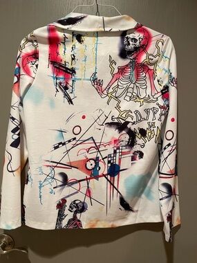 White Graphic Print Women's Blazer with Multicolor Graphics/Paint Splatter